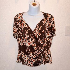 Studio Floral Wrap-Style Blouse in Brown and Cream